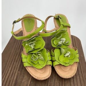 Born Crown Lime Green Leather Floral Rosette Heel Sandals W71912 Womens 9 40.5